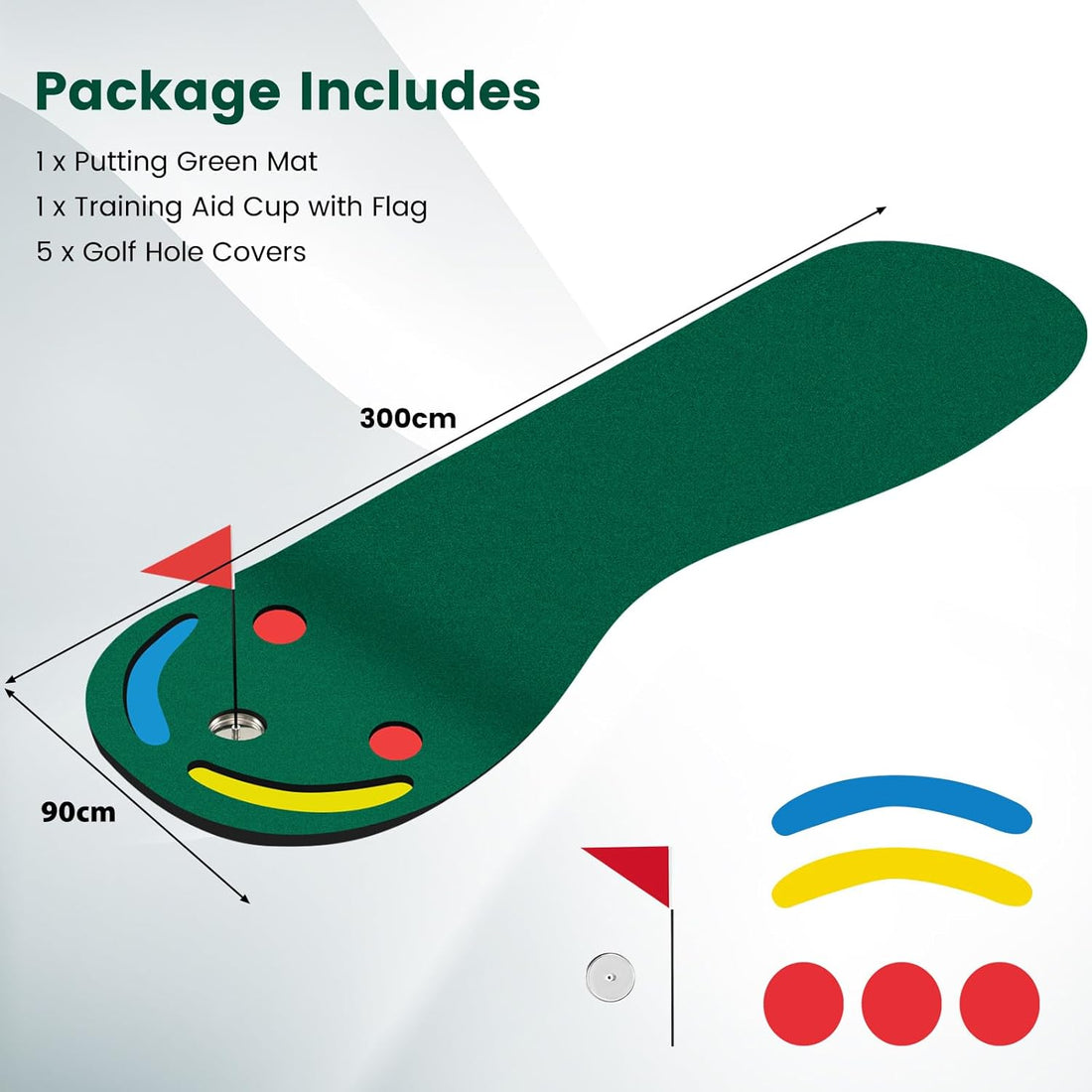 Golf Putting Green Set, Par Three Putting Mat with 3 Putting Cups, 1 Flag and Golf Hole Covers for Golf Putting Practice, Putting Green for Home, Office, Indoor Outdoor Use